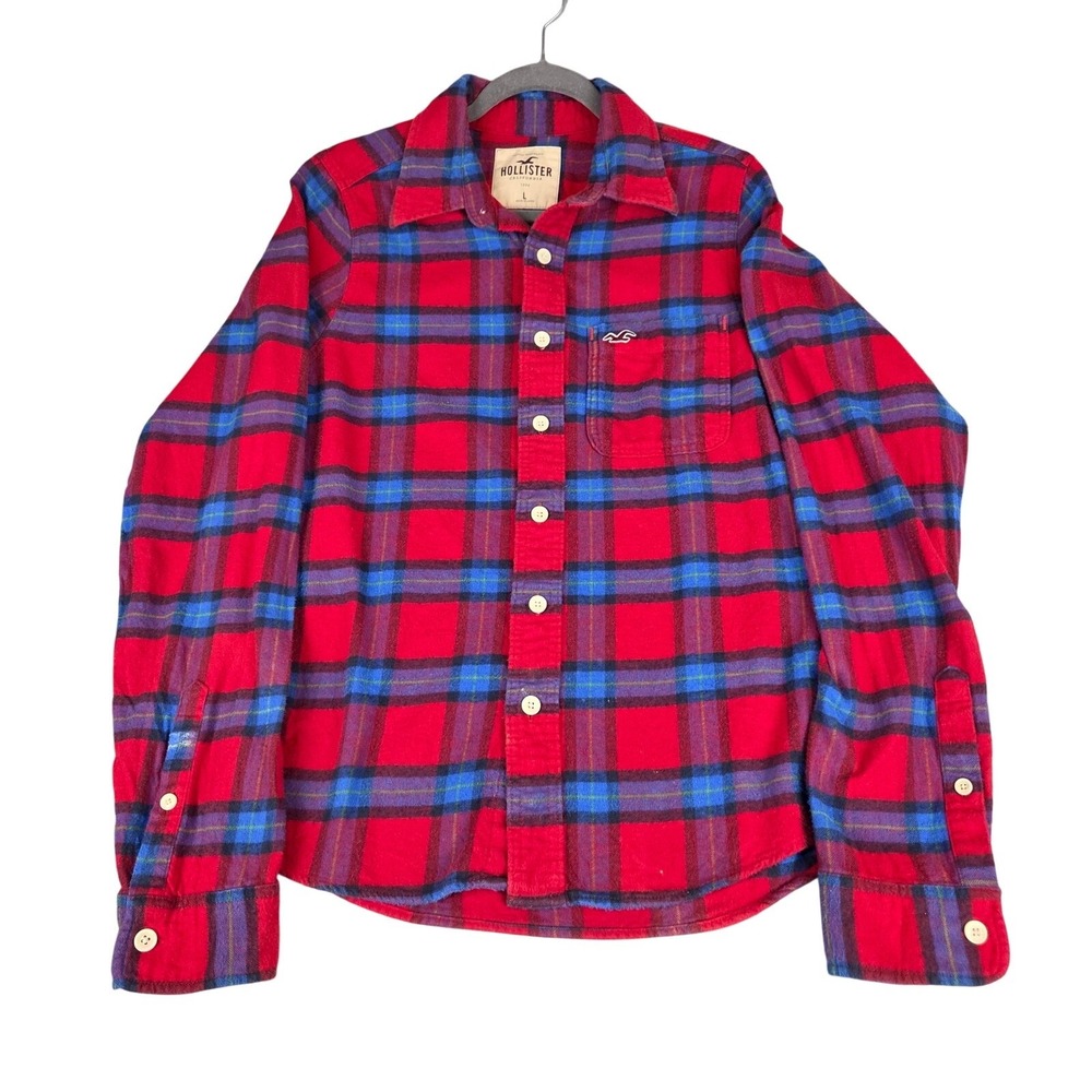 Vtg Hollister Y2K Mens Flannel L Pacific Merchants Red Blue Plaid Lumberjack Cas